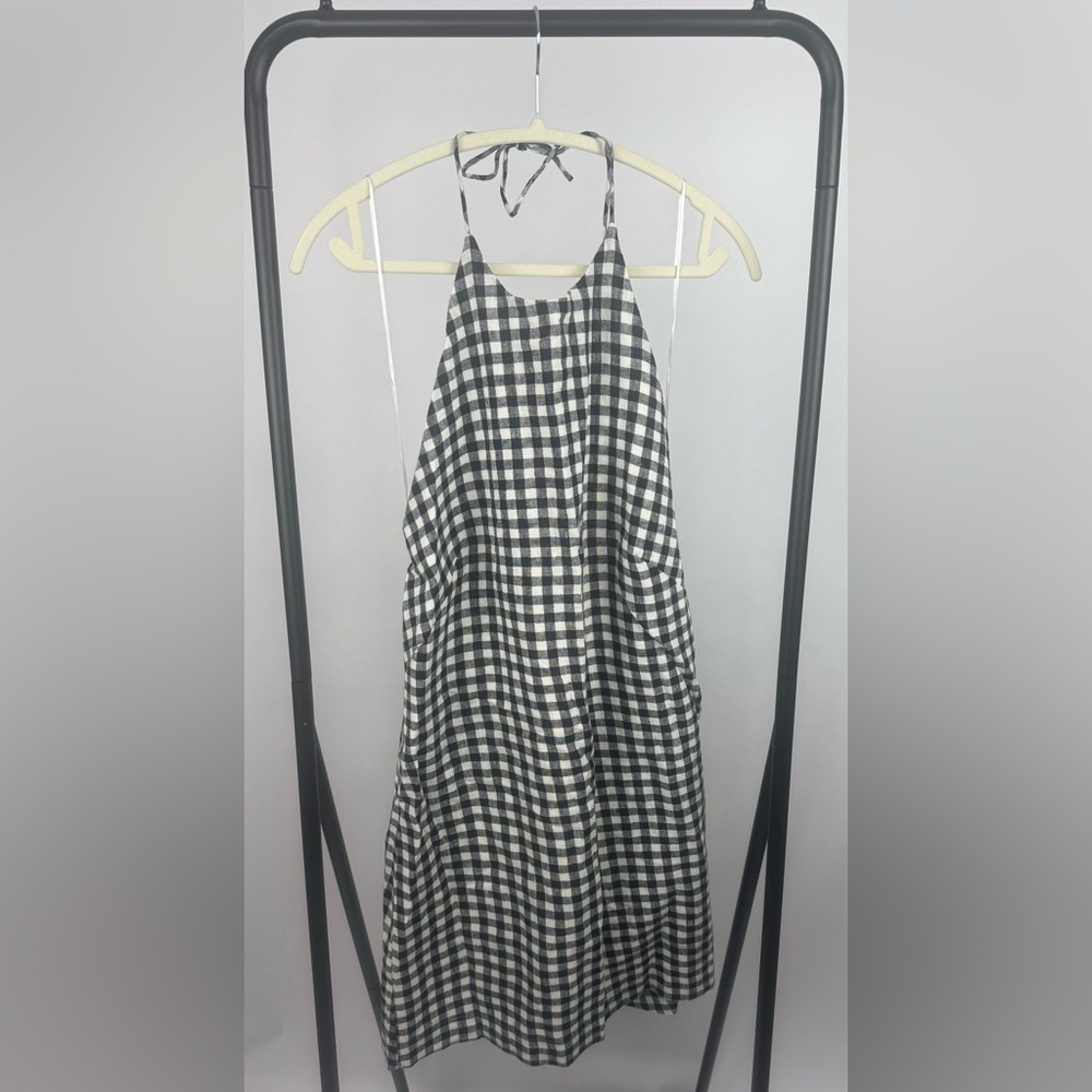Abercrombie & Fitch Gingham Halter Mini Dress Large Tall Black White Linen Blend - Picture 7 of 11